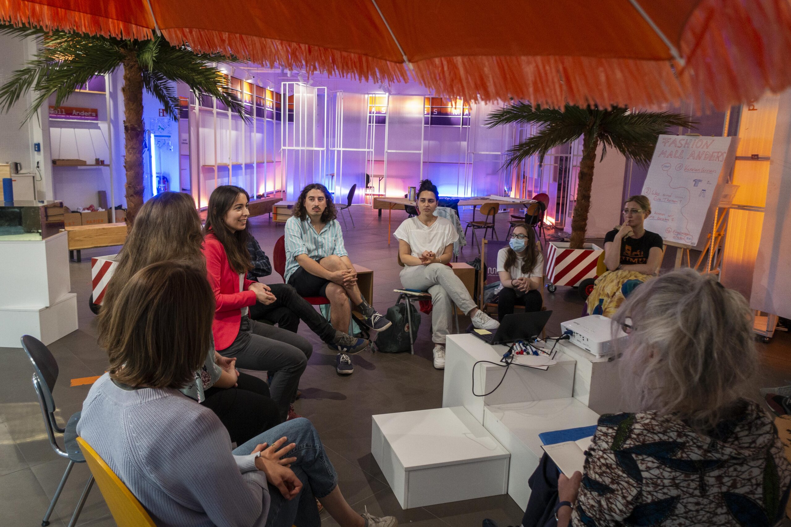 Eine Gruppe von Menschen sitzt im Stuhlkreis und unterhält sich. Auf einer Flipchart im Hintergrund steht "Fashion Mall Anders"chart