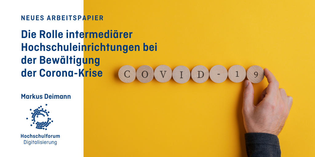 Text: Neues Arbeitspapier. Die Rolle intermediärer Hochschuleinrichtungen bei Bewältigung der Corona-Krise. Bild: "COVID-19" vor gelbem Hintergrund mit Hand.