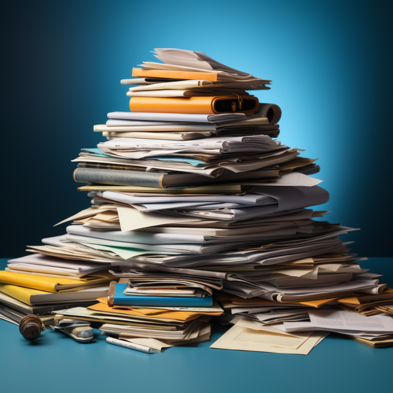 Ein Stapel mit Papieren, Magazinen und Zeitungen, erstellt via Midjourney.