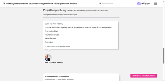 Abbildung 3 zeigt die beispielhafte Darstellung der integrierten Kommunikationsfunktion bei NEOpaper