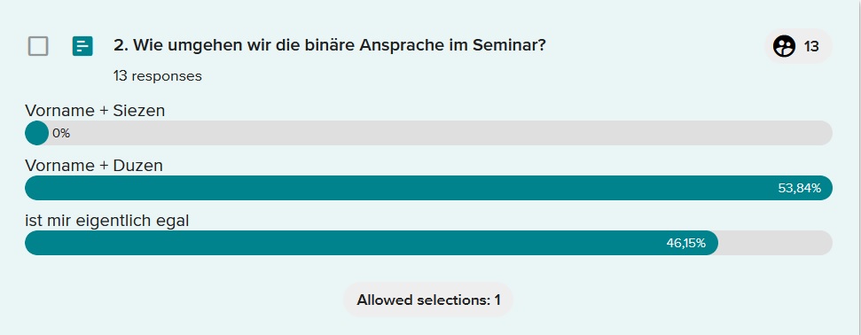 Siezen vs Duzen Umfrage Vevox Die Frage „Wie umgehen wir die binäre Ansprache im Seminar?“ mit den Antwortoptionen „Vorname und Siezen“ oder „Vorname und Duzen“ oder „ist mir eigentlich egal“.