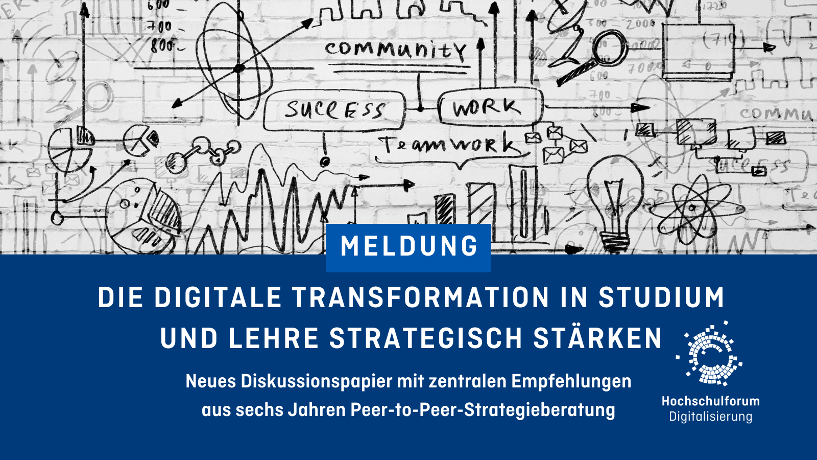 Titel der Meldung: "Die digitale Transformation in Studium und Lehre strategisch stärken". Untertitel: "Neues Diskussionspapier mit zentralen Empfehlungen aus sechs Jahren Peer-to-Peer-Strategieberatung