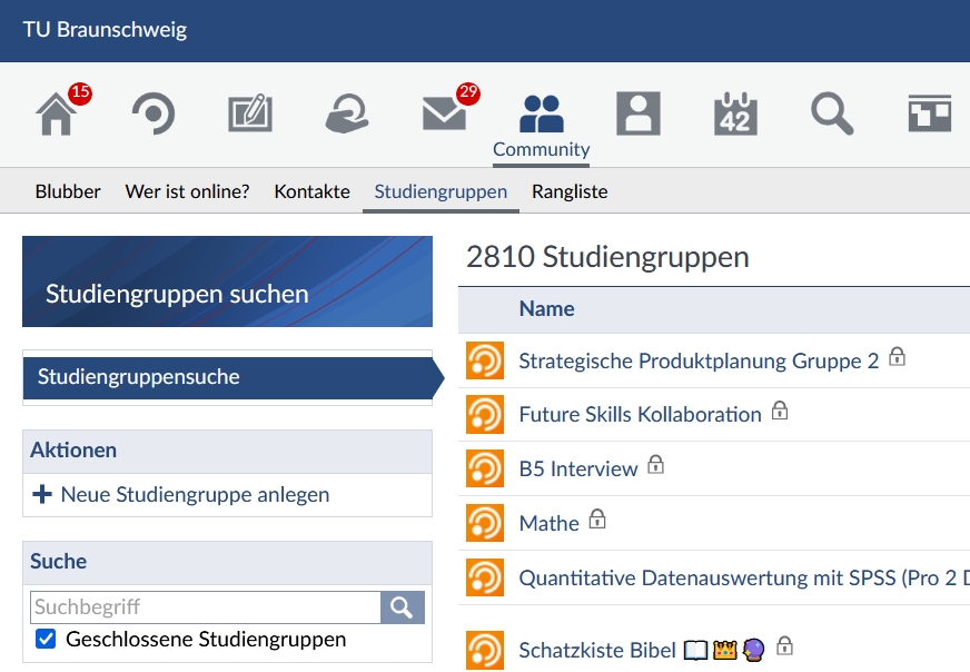 Stud.Beitrag_Text_Studiengruppen in Stud.IP_Abb01 Ansicht Stud.IP Oberfläche Studiengruppe über den Reiter Community erstellen