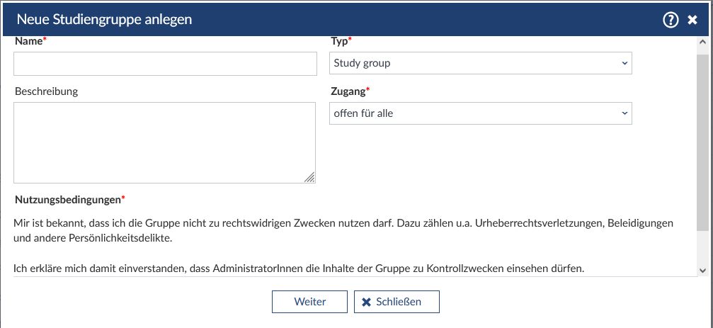Stud.Beitrag_Text_Studiengruppen in Stud.IP_Abb02 Abbildung 2: Ansicht Stud.IP Oberfläche Funktion Anlegen einer neuen Studiengruppe (Screenshot der Stud.IP Oberfläche TU Braunschweig, CC BY-SA 4.0.)