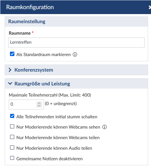 Stud.Beitrag_Text_Studiengruppen in Stud.IP_Abb04 Abbildung 4: Ansicht Stud.IP Oberfläche, Einstellungen eines BBB-Raums Teil 1