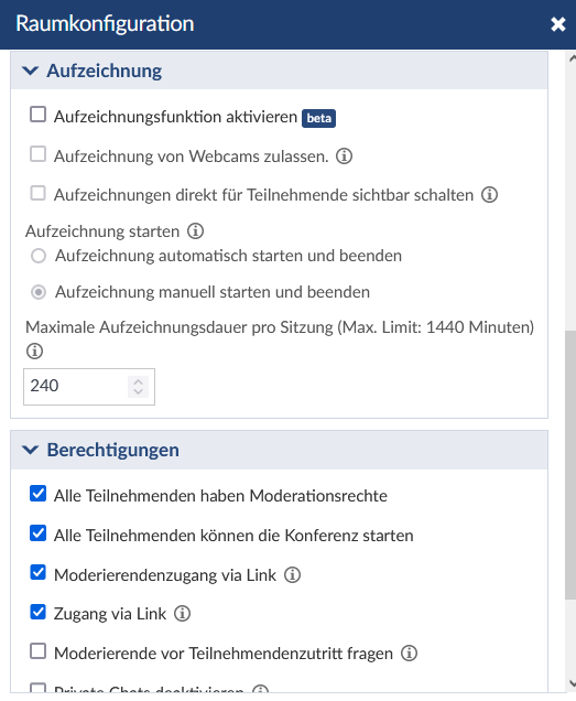 Stud.Beitrag_Text_Studiengruppen in Stud.IP_Abb05 Abbildung 5: Ansicht Stud.IP Oberfläche, Einstellungen eines BBB-Raums Teil 2