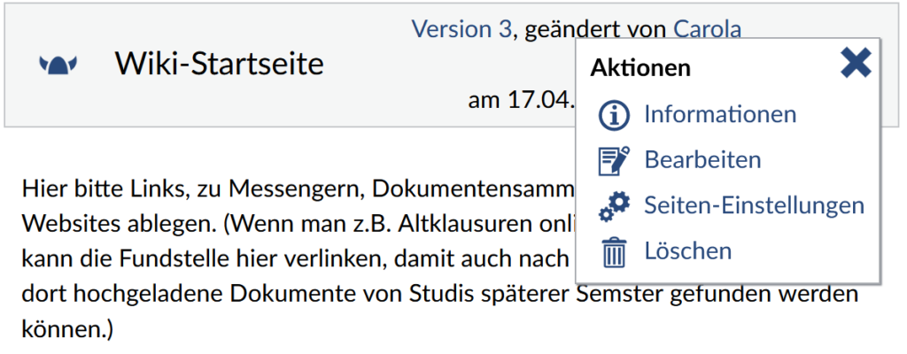 Stud.Beitrag_Text_Studiengruppen in Stud.IP_Abb06 Abbildung 6: Ansicht Stud.IP Oberfläche, Start der Bearbeitung eines Wiki-Eintrags