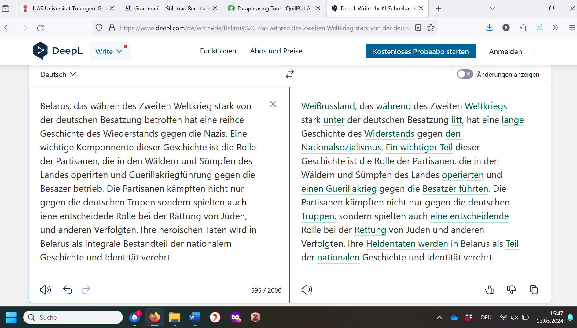Textverbesserungstool DeepL Write im Test Textverbesserungstool DeepL Write im Test mit fehlerhaftem Text aus dem Seminar