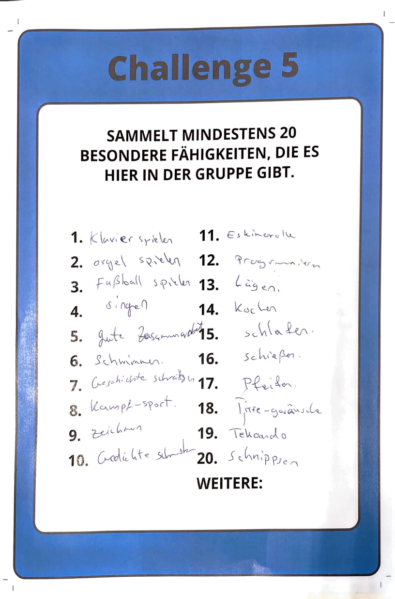 Challenge 5 Eine handschriftliche Liste mit den besonderen Fähigkeiten der Studierenden.