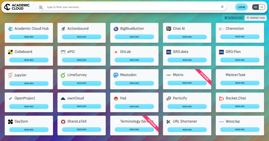 screeens_ac für lehrveranstaltung In der Academic Cloud-Oberfläche sind verschiedene Tools in Kacheln angeordnet.