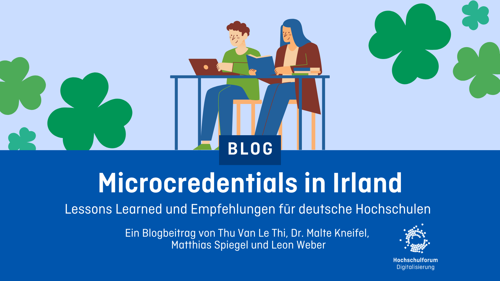 Grafik, auf der "Microcredentials in Irland: Lessons Learned und Empfehlungen für deutsche Hochschulen" steht. Darüber eine Illustration von zwei Studierenden an einem Schreibtisch.