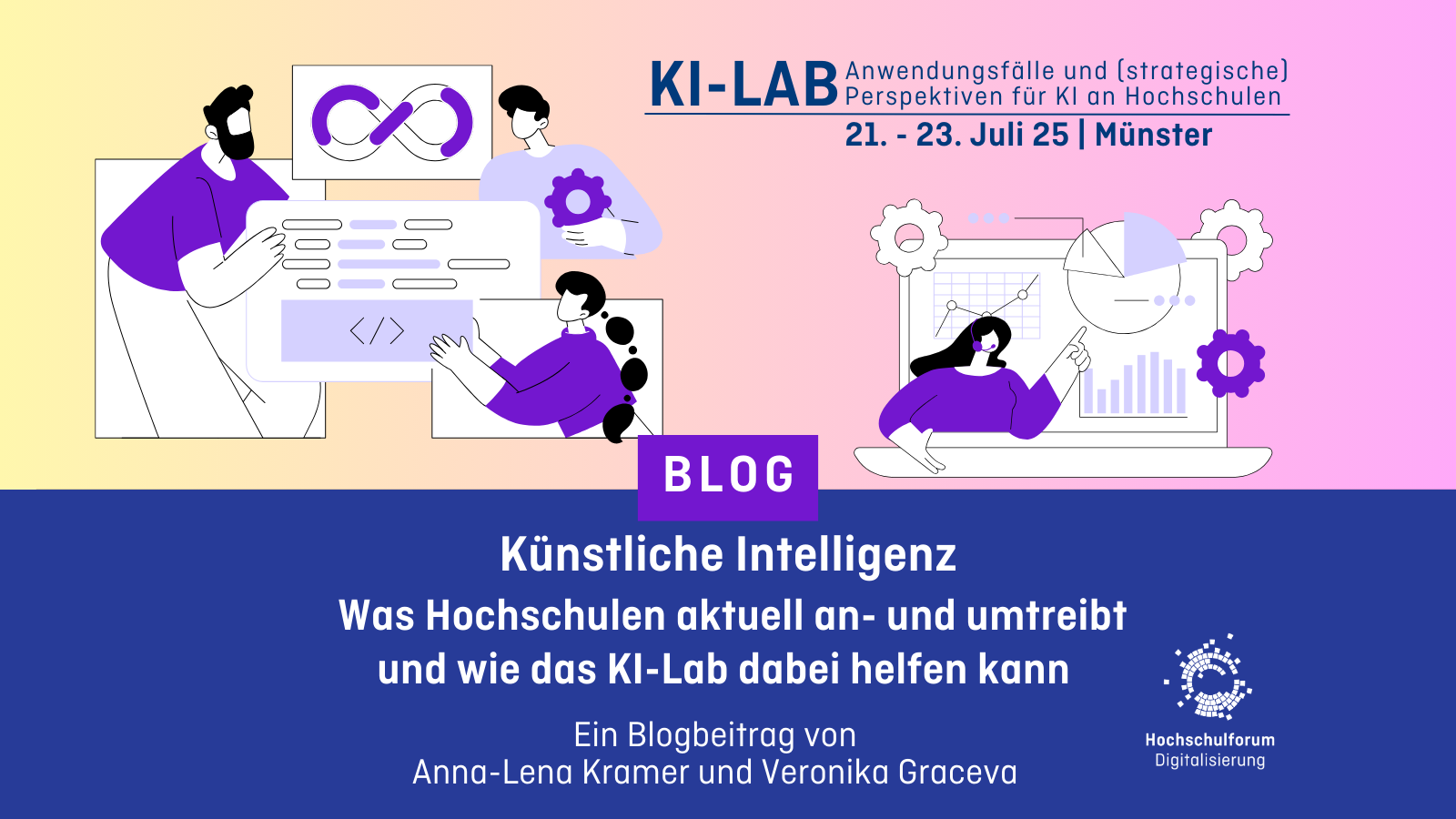 Grafik mit dem Text: Künstliche Intelligenz. Was Hochschulen aktuell an- und umtreibt und wie das KI-Lab dabei helfen kann Ein Blogbeitrag von Anna-Lena Kramer und Veronika Graceva.