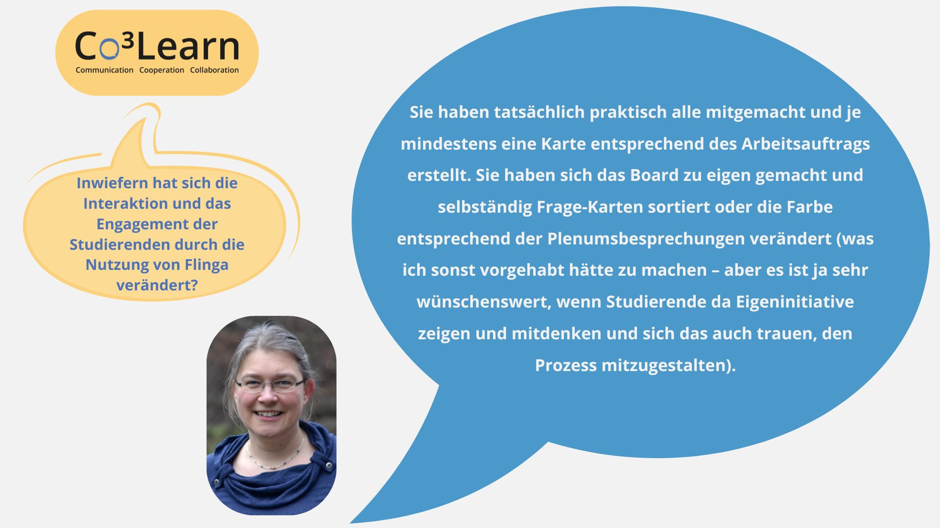 „Das Bild zeigt Frage und Antwort aus dem Interview als Sprechblasen. Interviewfrage: Inwiefern hat sich die Interaktion und das Engagement der Studierenden durch die Nutzung von Flinga verändert? Katrins Antwort: Sie haben tatsächlich praktisch alle mitgemacht und je mindestens eine Karte entsprechend des Arbeitsauftrags erstellt. Sie haben sich das Board zu eigen gemacht und selbständig Frage-Karten sortiert oder die Farbe entsprechend der Plenumsbesprechungen verändert (was ich sonst vorgehabt hätte zu machen – aber es ist ja sehr wünschenswert, wenn Studierende da Eigeninitiative zeigen und mitdenken und sich das auch trauen, den Prozess mitzugestalten).“