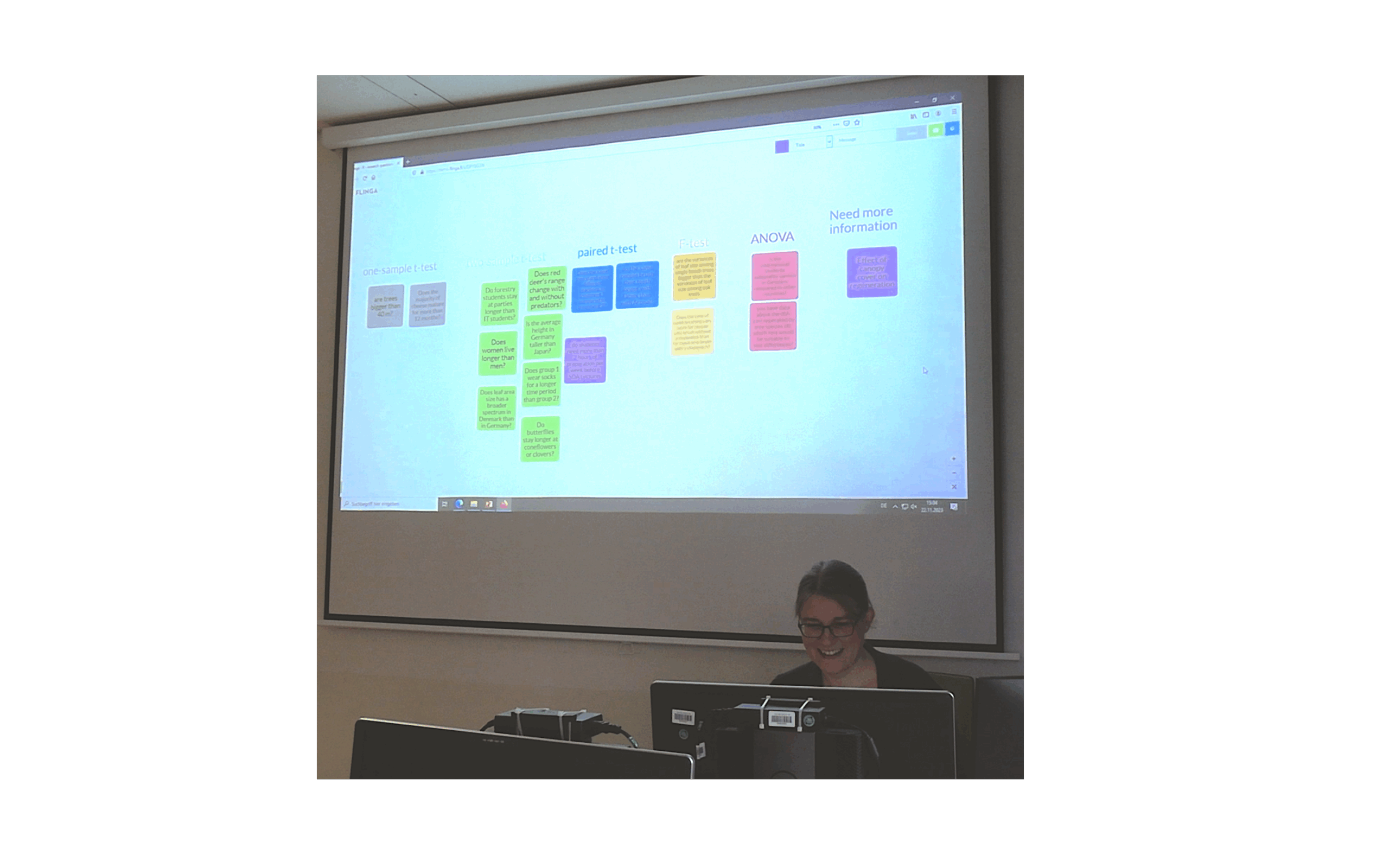 “Katrin sitzt am Rechner und bedient das Whiteboard. Sie ist fröhlich und entspannt. Hinter ihr zeigt die Projektion nach Farbe sortierte Kärtchen auf dem Board.“