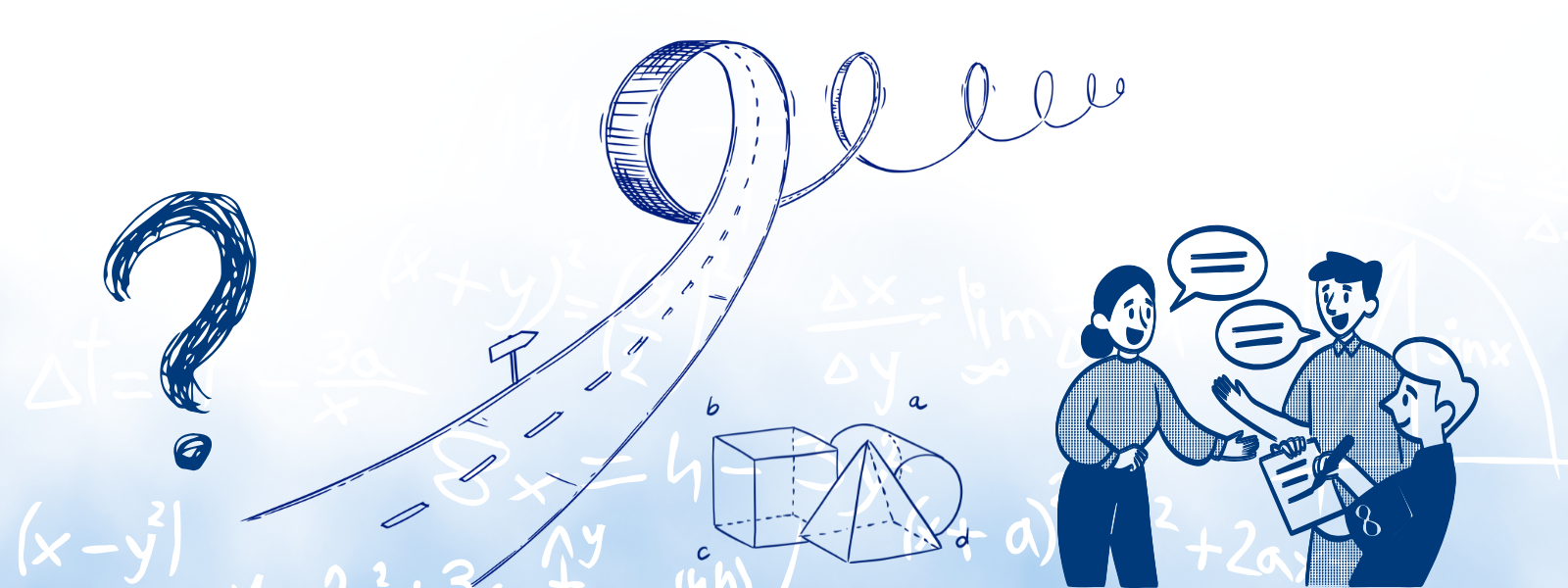 HFD-Blogbeitrag-Friederike Schulze Abstrakte Illustration mit Fragezeichen, kurviger Straße ins Ungewisse, mathematischen Formeln und einer Gruppe diskutierender Personen.