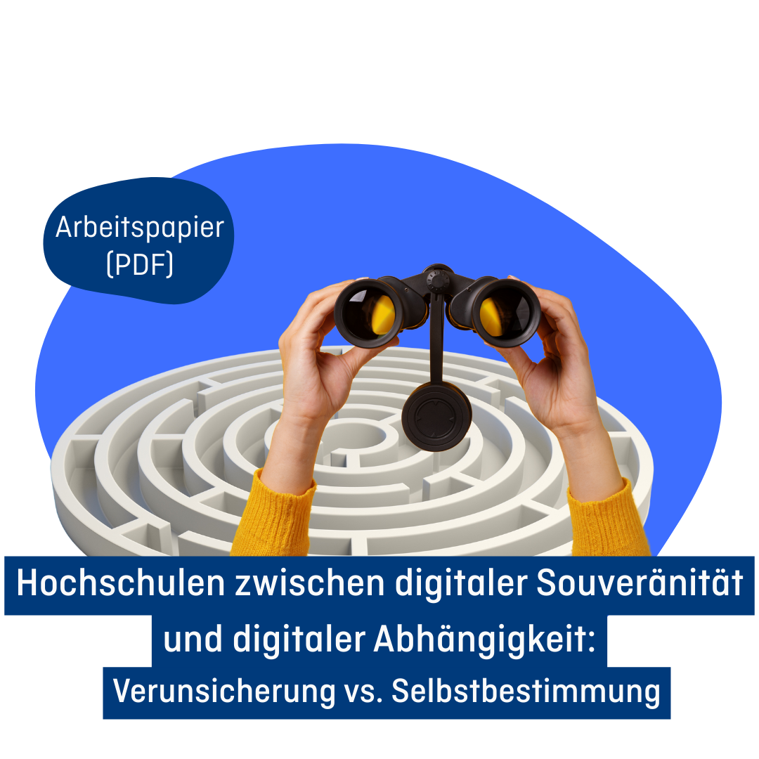 AP 79 Labyrinth im Hintergrund, davor zwei Hände die ein Fernglas halten. Text: Hochschulen zwischen digitaler Souveränität und digitaler Abhängigkeit: Verunsicherung vs. Selbstbestimmung