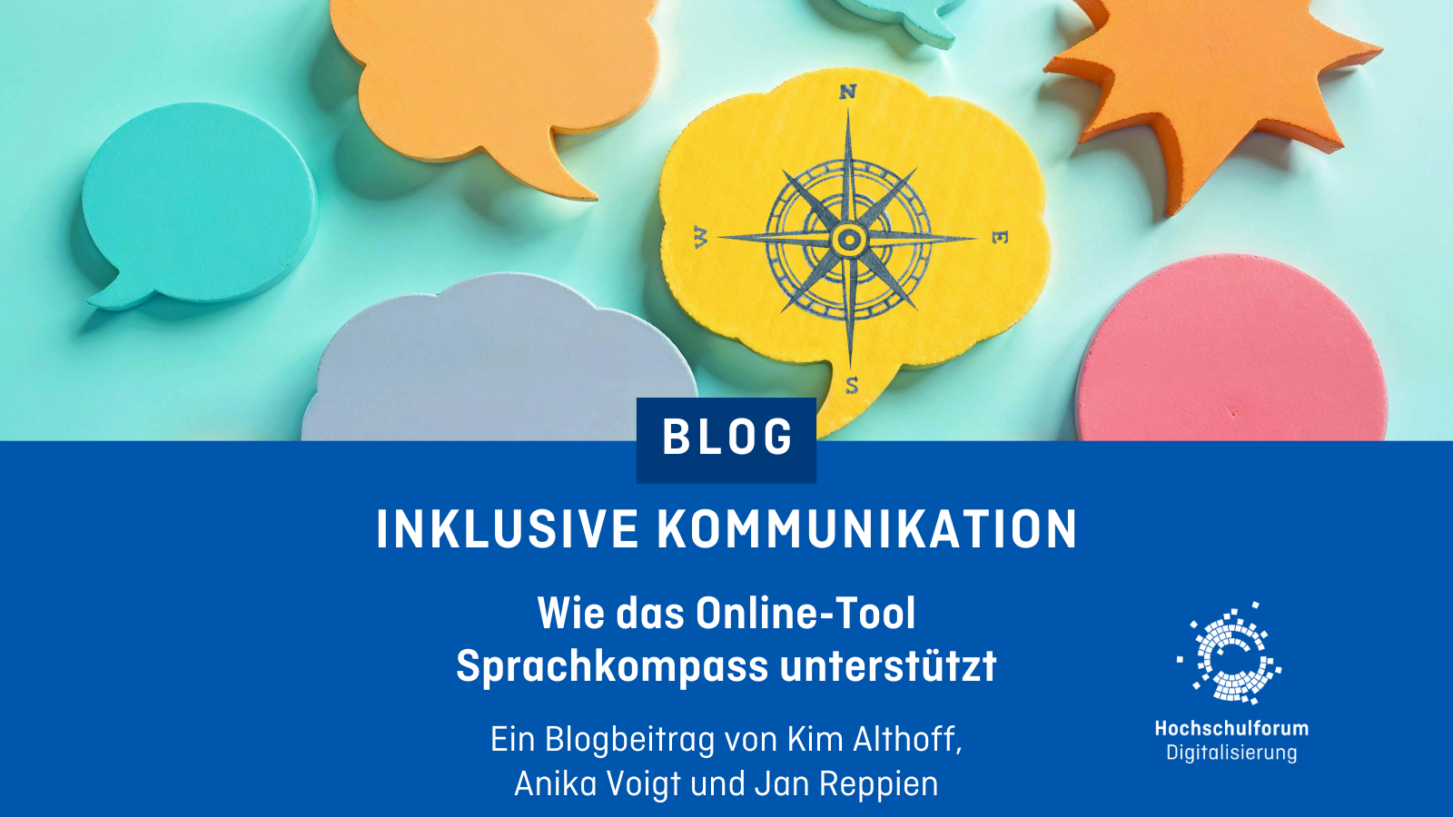 Dekorative Grafik mit dem Text: Inklusive Kommunikation: Wie das Online-Tool Sprachkompass unterstützt. Ein Blogbeitrag von Kim Althoff.
