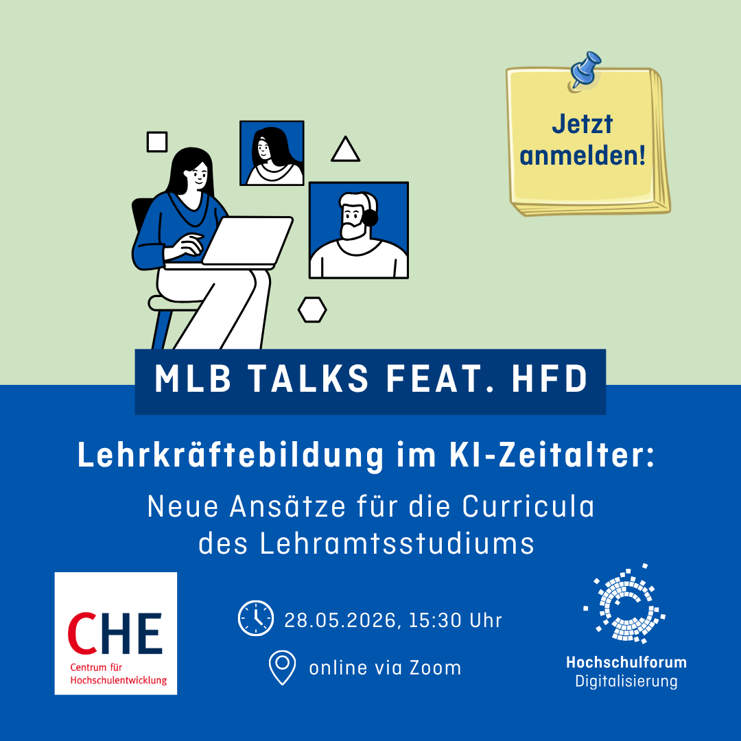 Grafik zur Veranstaltung „MLB Talks feat. HFD: Lehrkräftebildung im KI-Zeitalter – Neue Ansätze für die Curricula des Lehramtsstudiums“. Links eine Illustration einer Person mit Laptop, daneben zwei kleinere Porträts weiterer Personen als Hinweis auf einen Online-Talk. Rechts ein gelber Notizzettel mit „Jetzt anmelden!“. Unten Datum und Uhrzeit „28.05.2026, 15:30 Uhr“ sowie „online via Zoom“. Logos von CHE Centrum für Hochschulentwicklung und Hochschulforum Digitalisierung sind eingebunden.