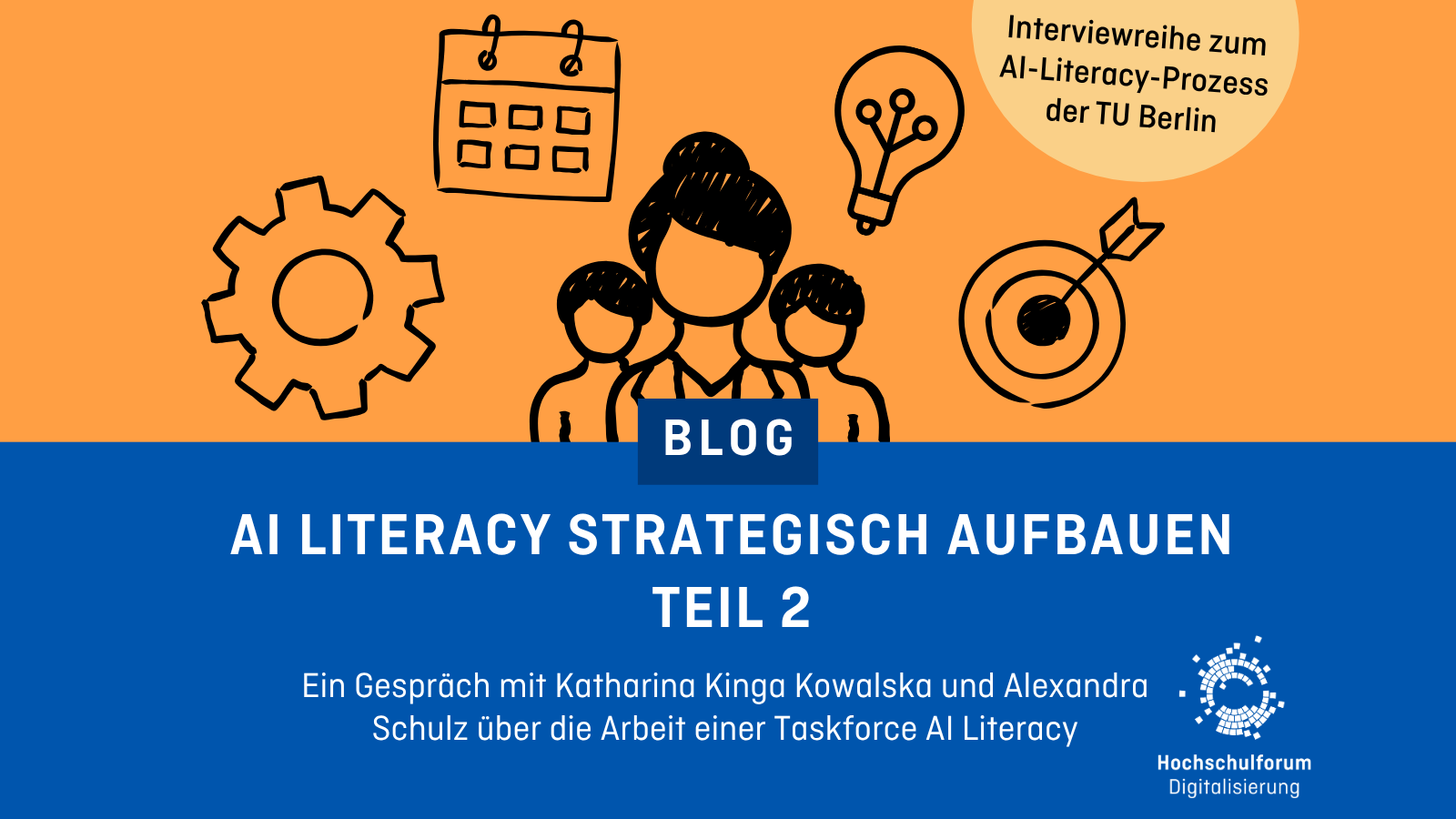 Dekoratives Bild mit Text: Interviewreihe zum AI-Literacy-Prozess der TU Berlin. Titel: AI Literacy strategisch aufbauen. Teil 2. Ein Gespräch mit Katharina Kinga Kowalska und Alexandra Schulz über die Arbeit einer Taskforce AI Literacy