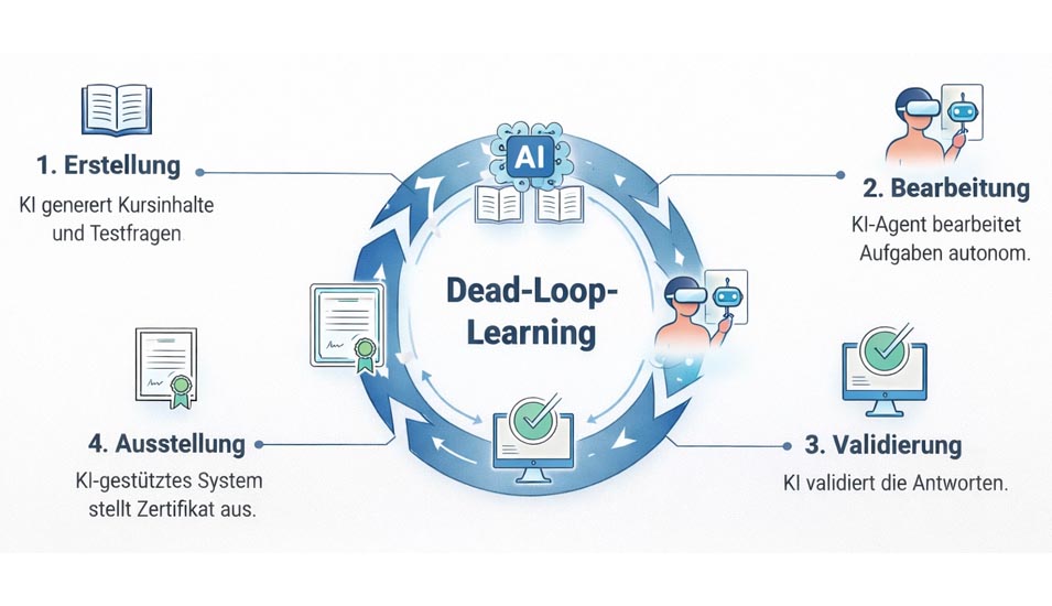 Dead-Loop-learning-Grafik_c_Wessels_Maibaum Schematische Darstellung eines geschlossenen KI-Lernkreislaufs („Dead-Loop-Learning“) mit vier Schritten: Die KI erstellt Kursinhalte und Testfragen, ein KI-Agent bearbeitet die Aufgaben autonom, die KI validiert die Antworten und ein KI-gestütztes System stellt anschließend ein Zertifikat aus. Pfeile verbinden die vier Schritte zu einem fortlaufenden Kreislauf.