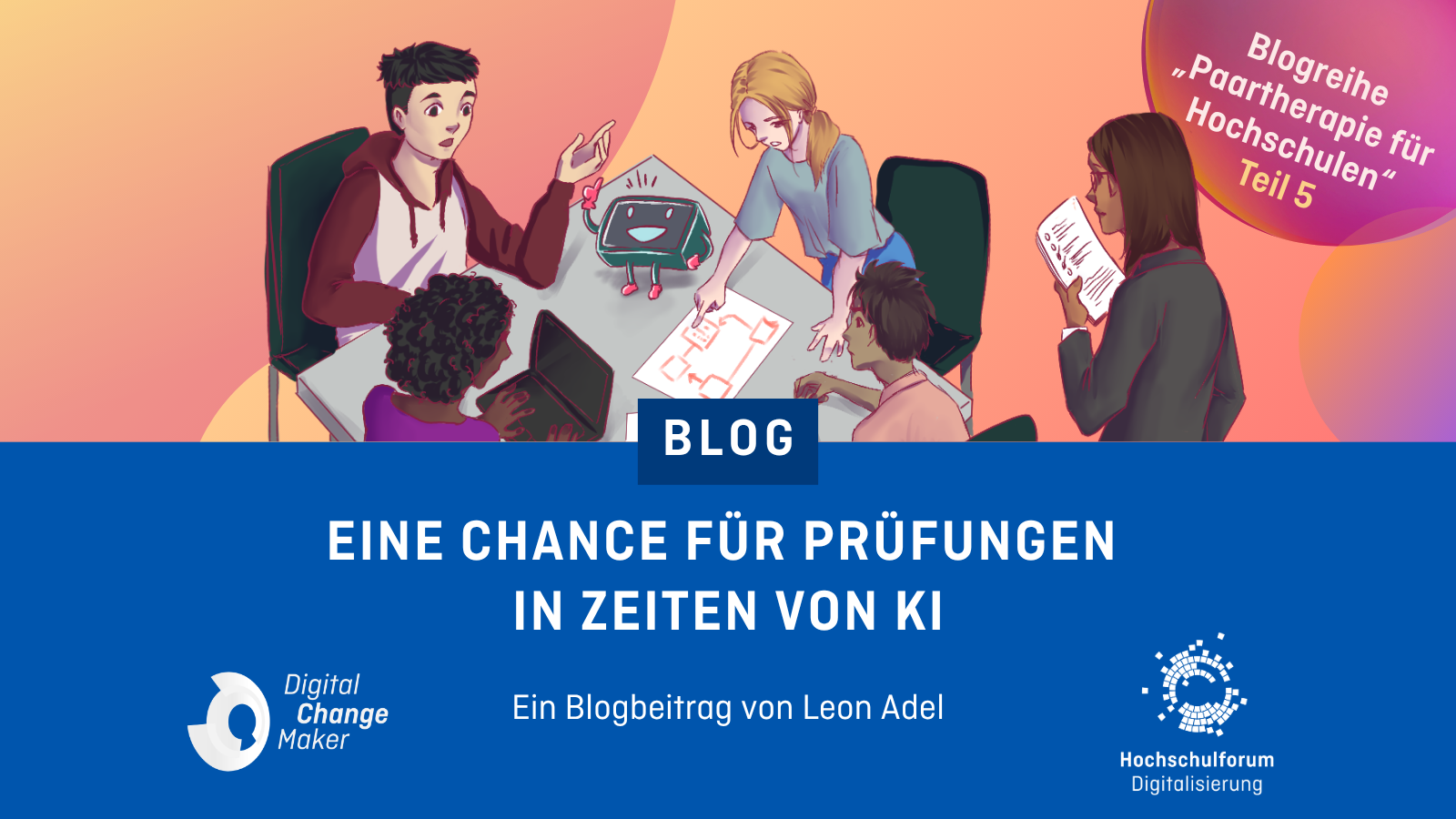 Illustration einer Besprechung mit KI-Assistent zum Blogbeitrag „Eine Chance für Prüfungen in Zeiten von KI“.