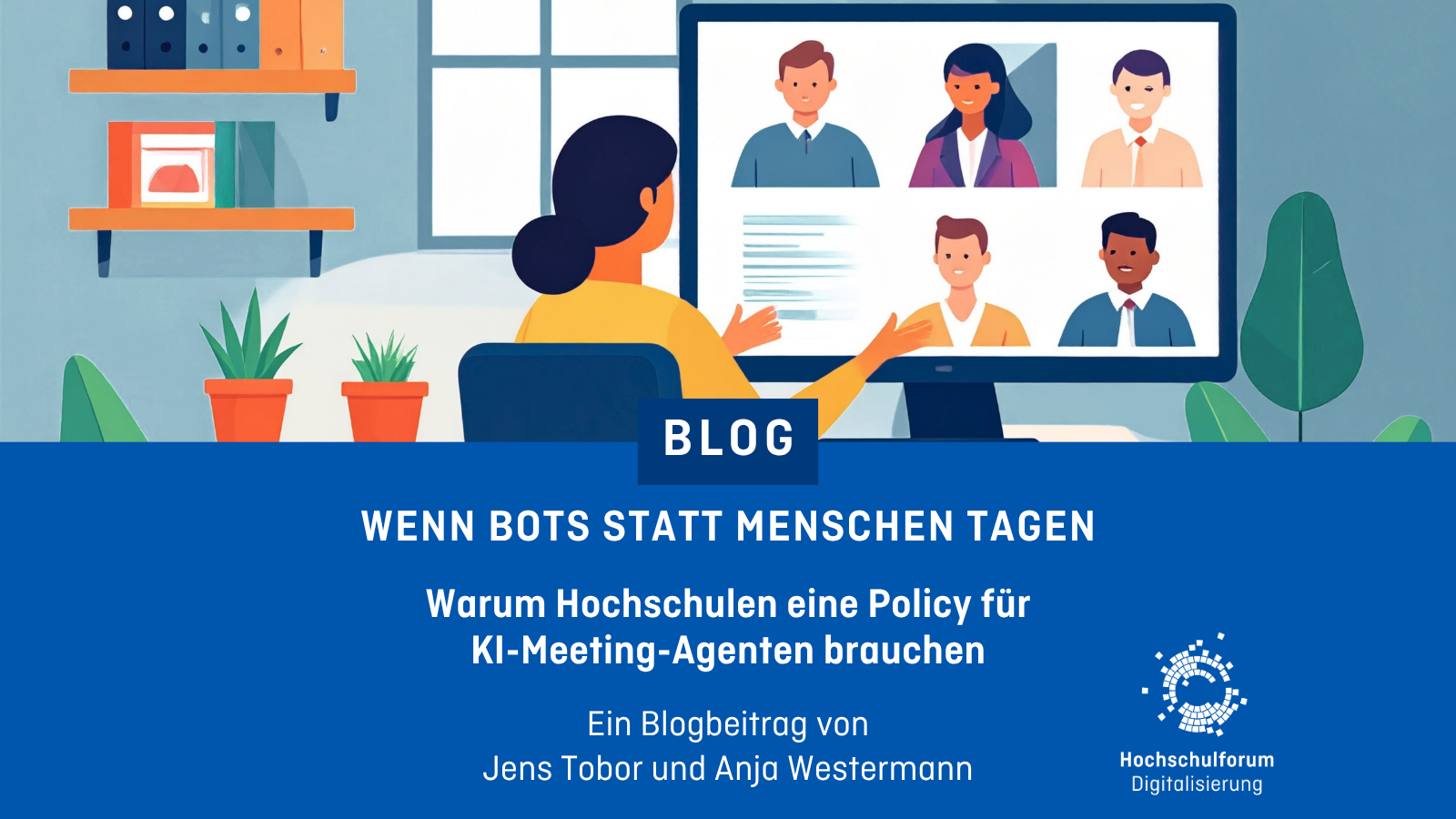 Eine Frau vor einem Computer, auf dem ein Online-Meeting stattfindet.