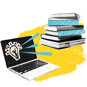 Themenillustration für AI Literacy mit einem Laptop auf dem eine aus Papier geschnittene Glühbirne klebt. Daneben ein Stapel Bücher.