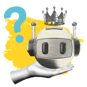 Themenillustration Digitale Souveränität mit einer Hand, einem Roboterkopf über dem eine Krone schwebt und einem Fragezeichen