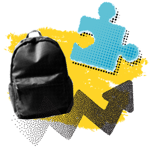 Themenillustration für Lehre mit einem Rucksack, einem Puzzleteil und einem aufwärts gerichteten Pfeil